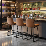 Upholstered Modern Leather Saddle Bar Stool with Metal Base Image - 6
