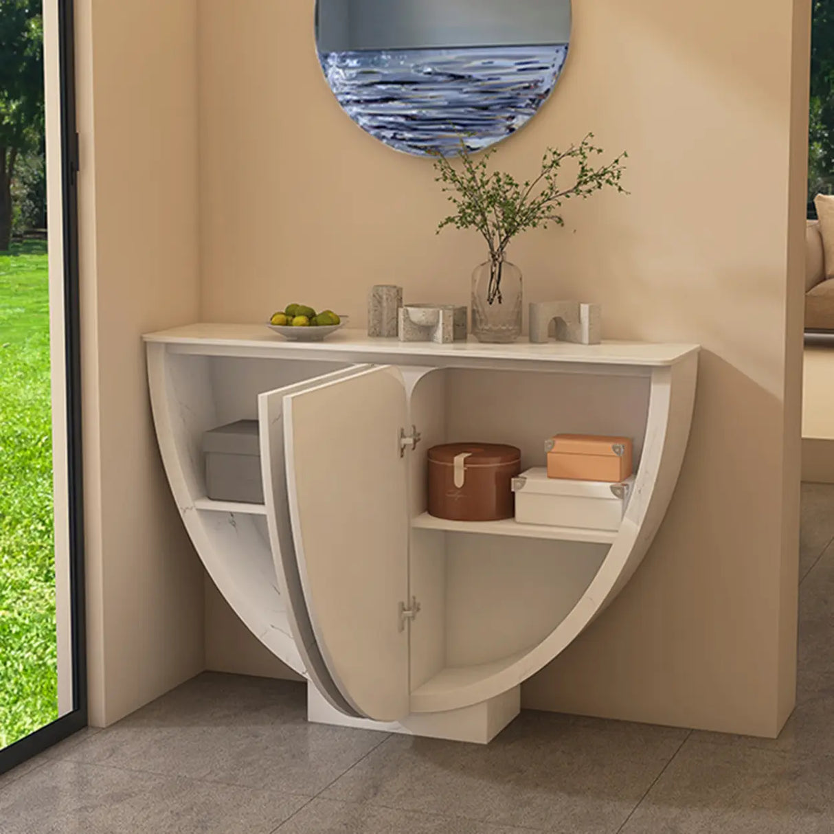 Versatile Curved Pedestal Marble White Storage Console Table Image - 3