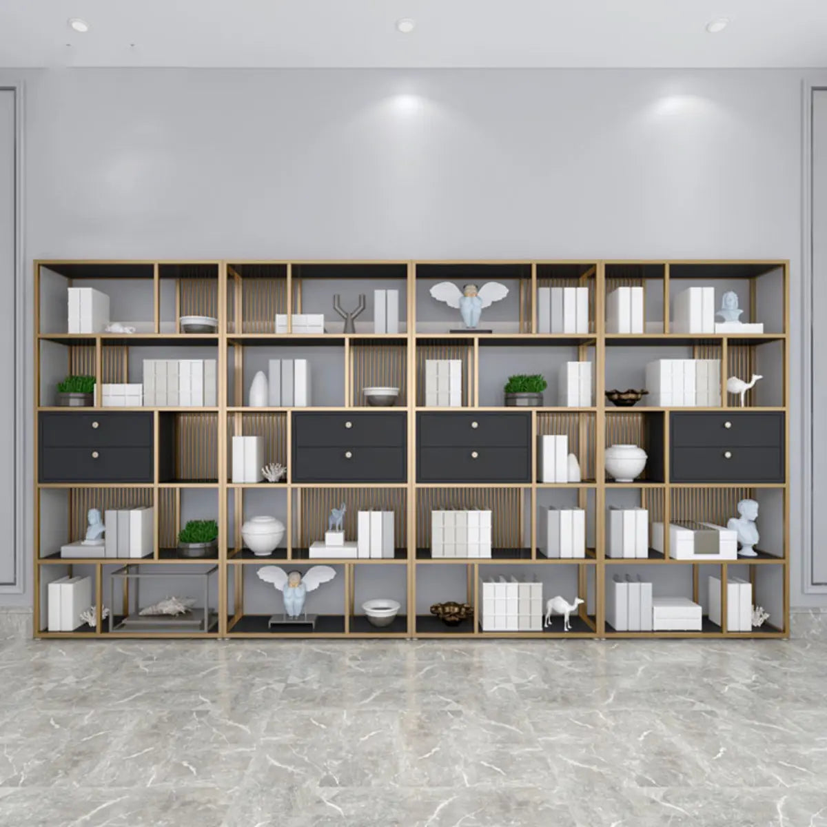Vertical Modern Gold Drawers Alloy Display Bookcase Image - 2