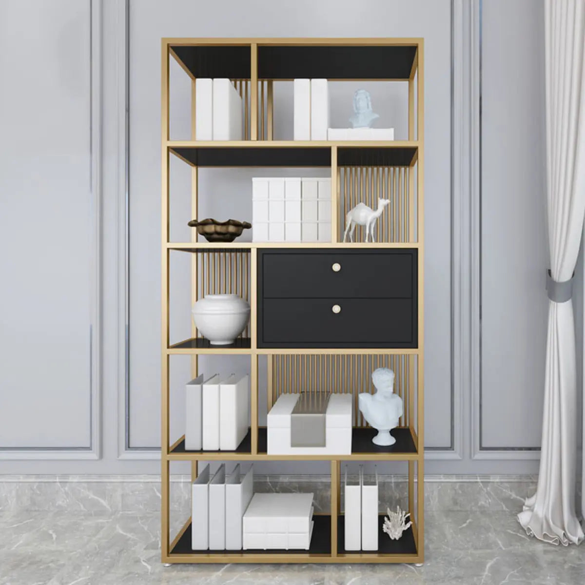 Vertical Modern Gold Drawers Alloy Display Bookcase Image - 3