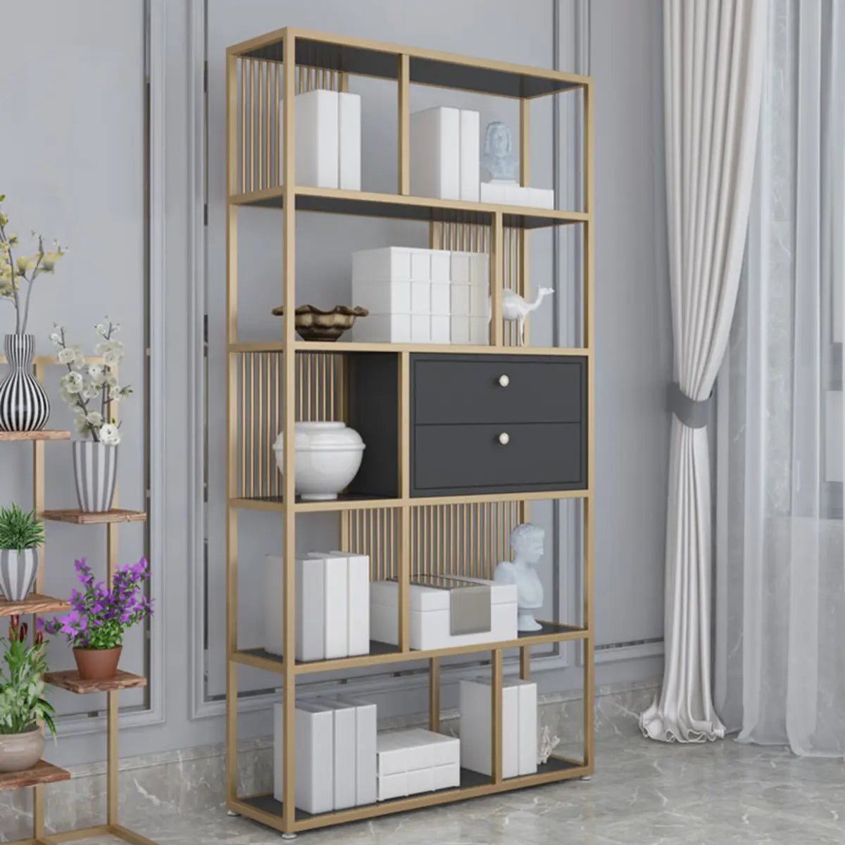 Vertical Modern Gold Drawers Alloy Display Bookcase Image - 4