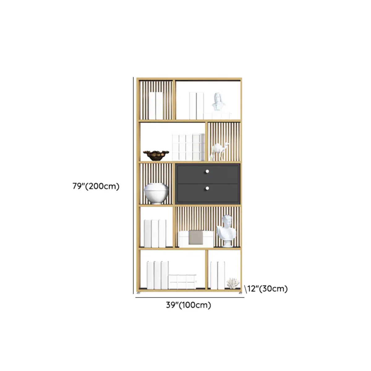 Vertical Modern Gold Drawers Alloy Display Bookcase 