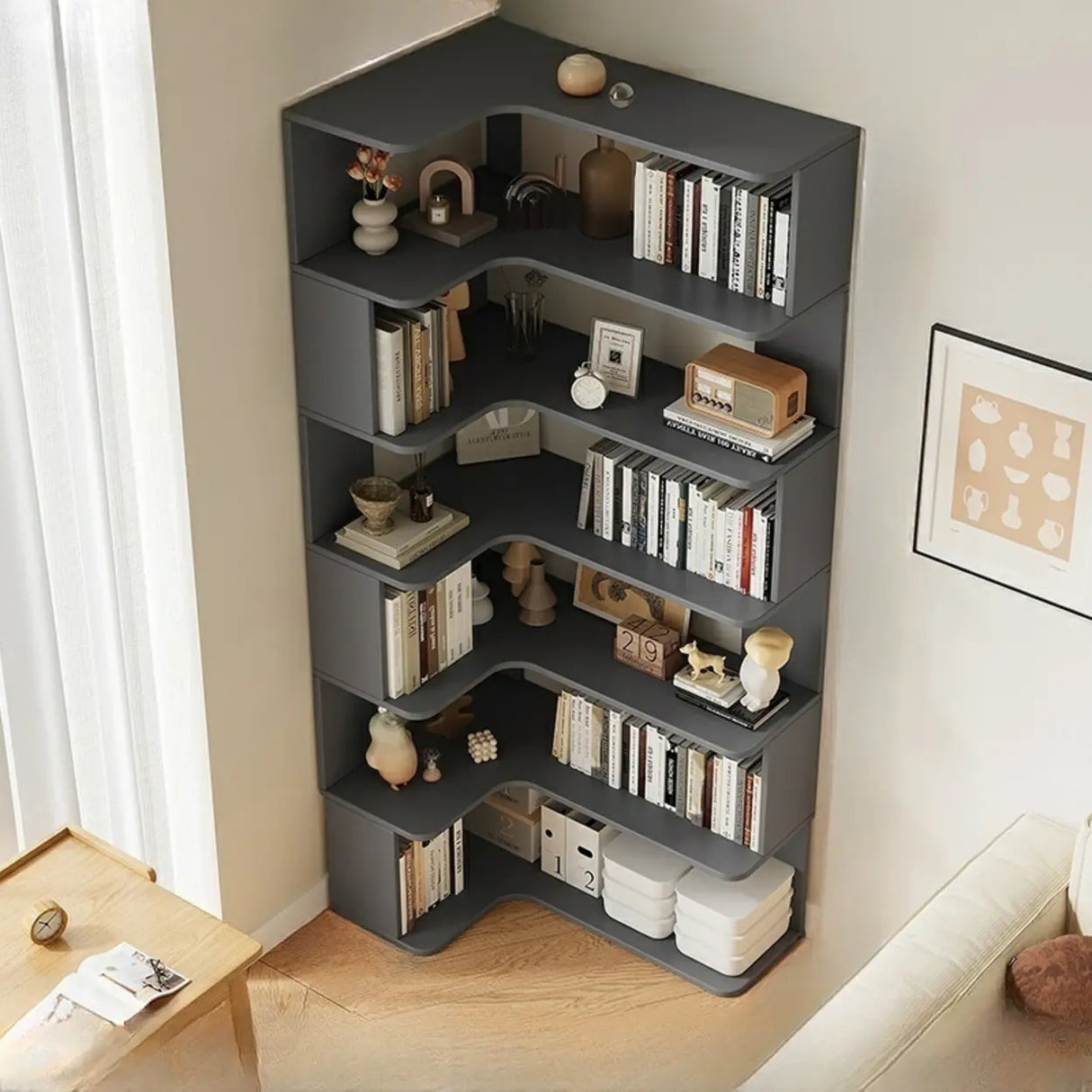 Vertical Open Back Wooden Corner Storage Bookcases Image - 10