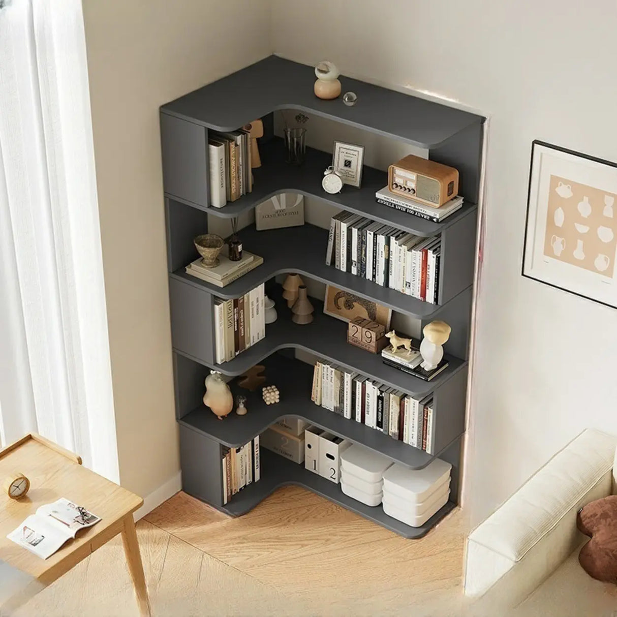 Vertical Open Back Wooden Corner Storage Bookcases Image - 12