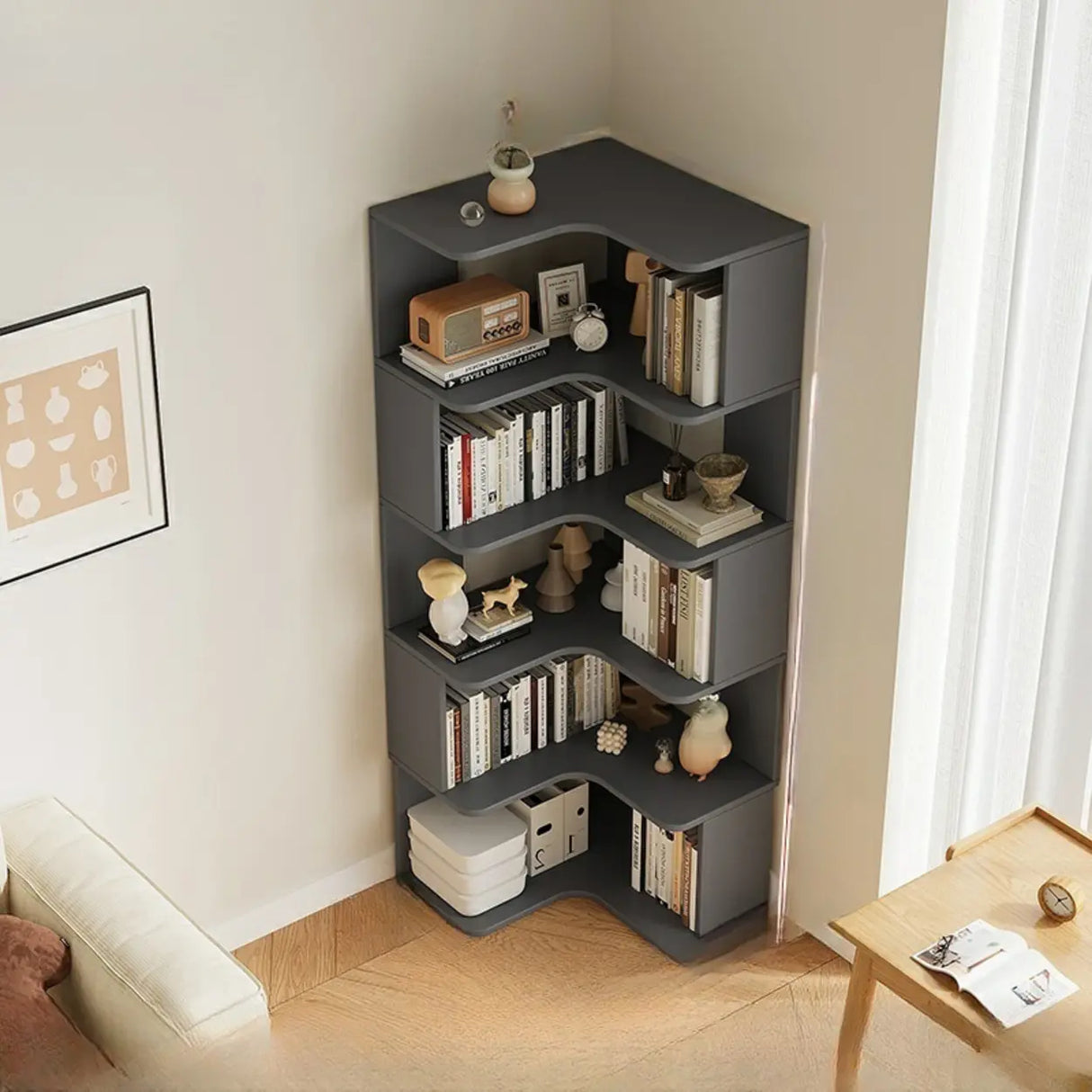 Vertical Open Back Wooden Corner Storage Bookcases Image - 16