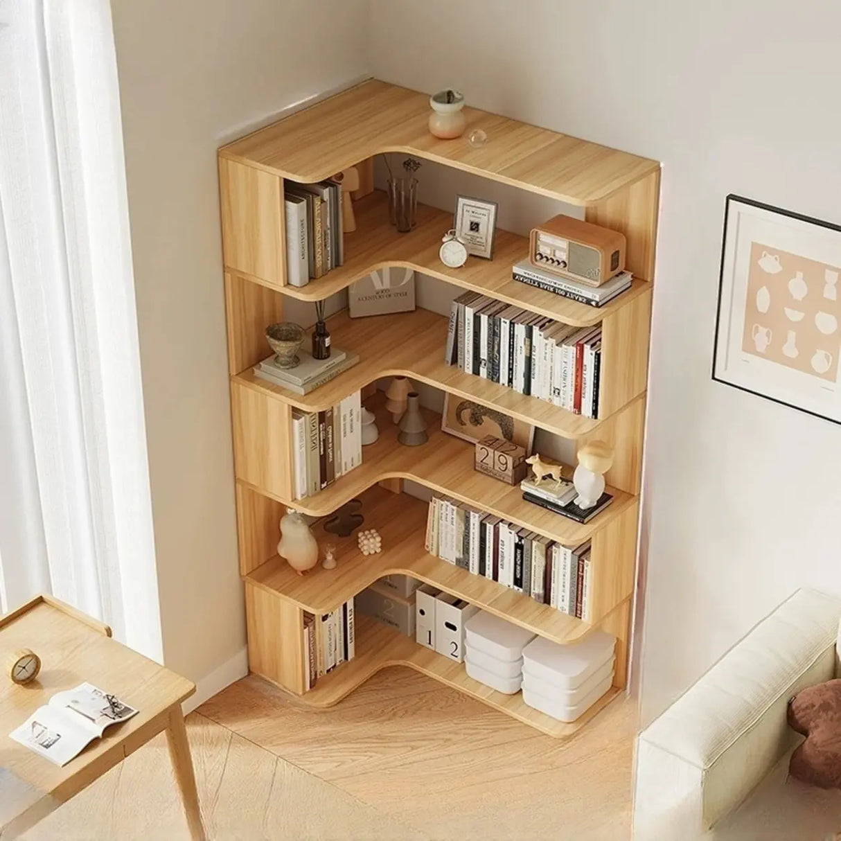 Vertical Open Back Wooden Corner Storage Bookcases Image - 2