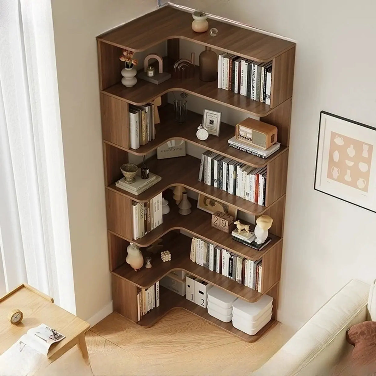 Vertical Open Back Wooden Corner Storage Bookcases Image - 4