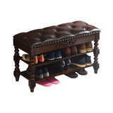 Victorian Brown Faux Leather Cherry Wood Entryway Bench Image - 10
