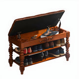 Victorian Brown Faux Leather Cherry Wood Entryway Bench Image - 11