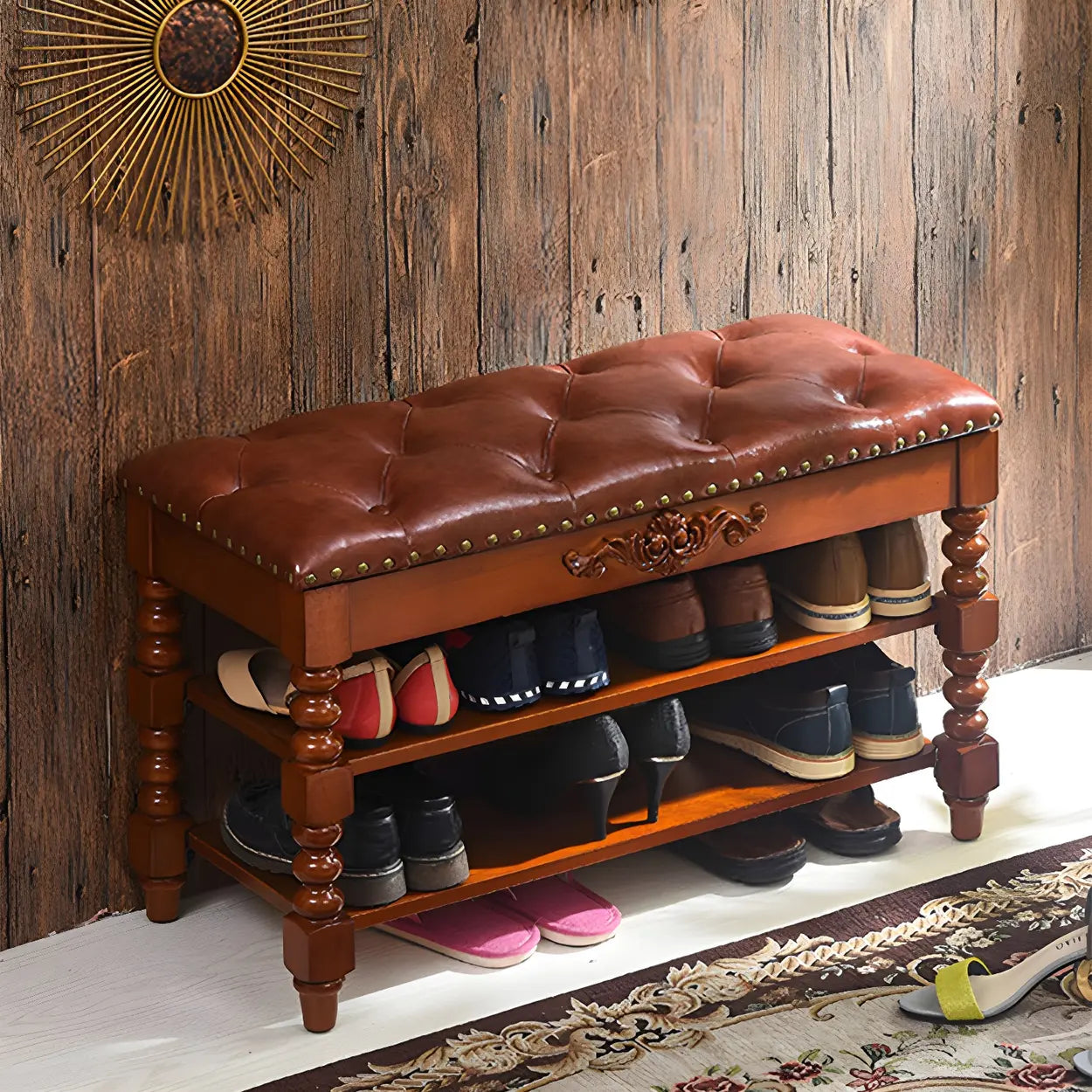 Victorian Brown Faux Leather Cherry Wood Entryway Bench Image - 2