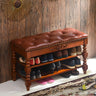 Victorian Brown Faux Leather Cherry Wood Entryway Bench Image - 2