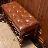 Victorian Brown Faux Leather Cherry Wood Entryway Bench Image - 3