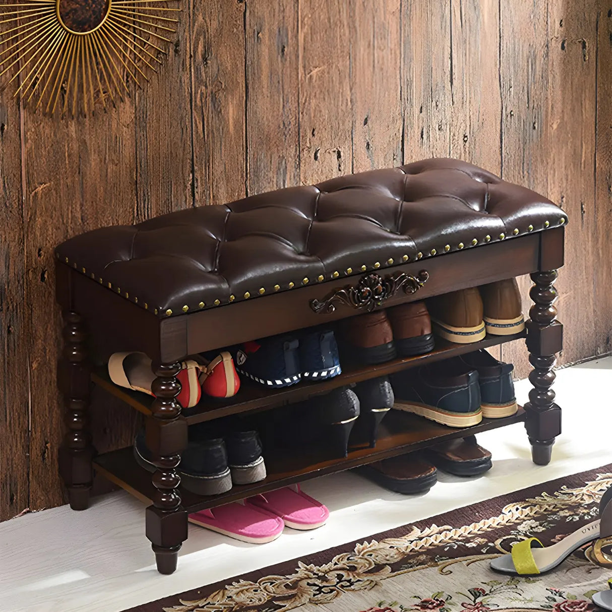 Victorian Brown Faux Leather Cherry Wood Entryway Bench Image - 4