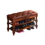 Victorian Brown Faux Leather Cherry Wood Entryway Bench Image - 5