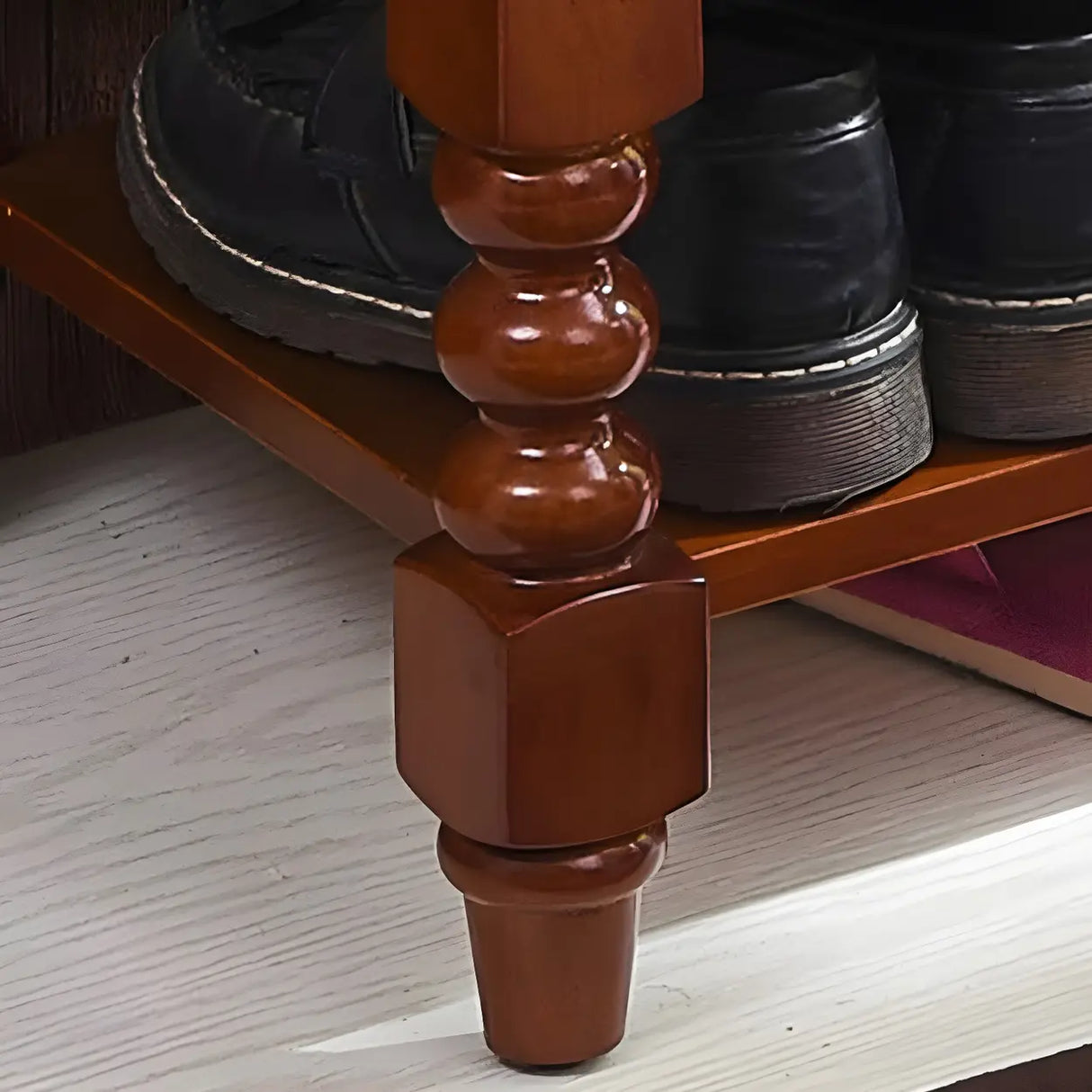 Victorian Brown Faux Leather Cherry Wood Entryway Bench Image - 8