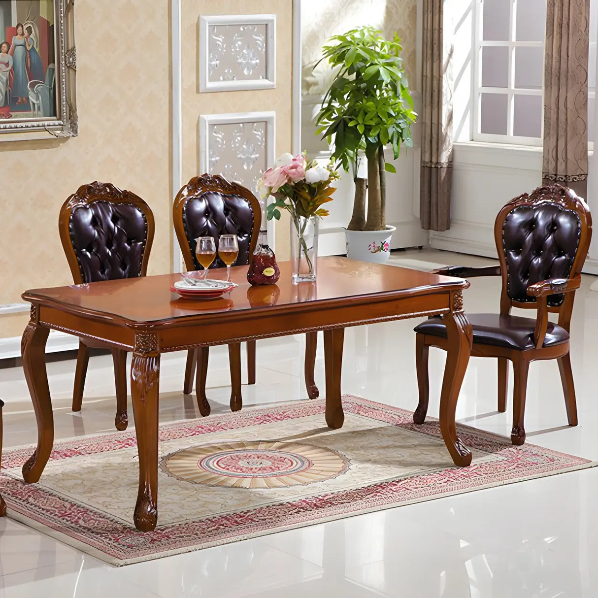 Victorian Walnut Wood Leg Leather Dining Side Chair Image - 6