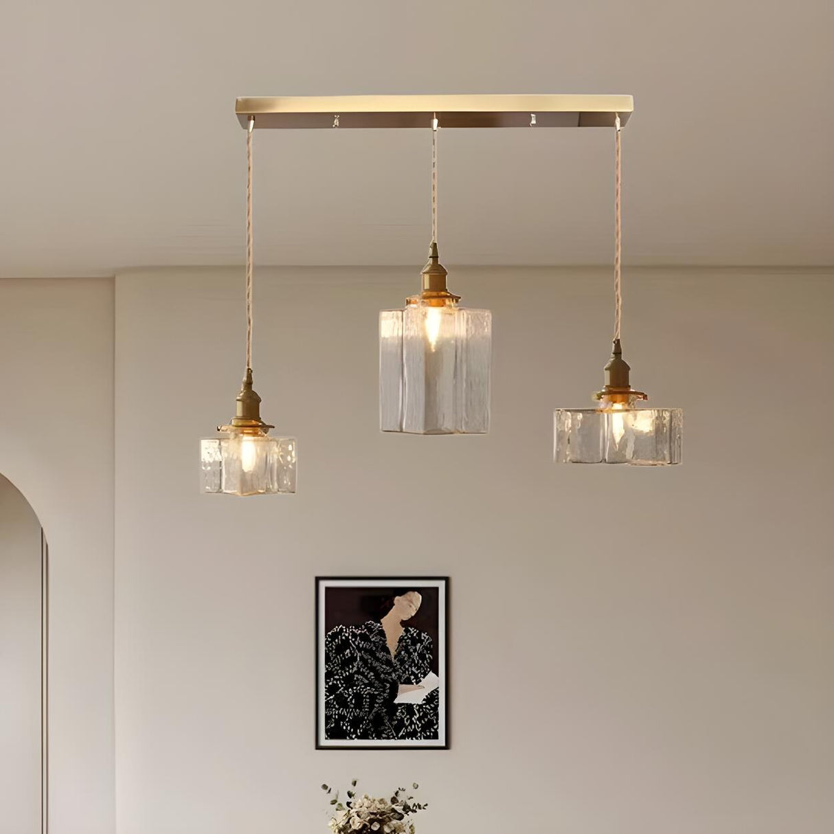 Vintage 3-Light Geometric Textured Island Hanging Light Image - 3