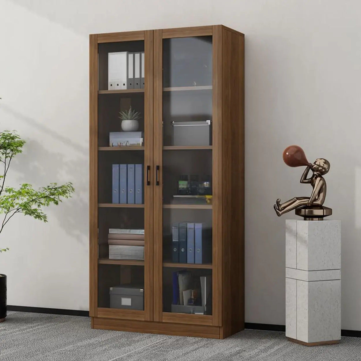 Vintage 4-Tier Glass Wood Closed Back Storage Bookcase Image - 1