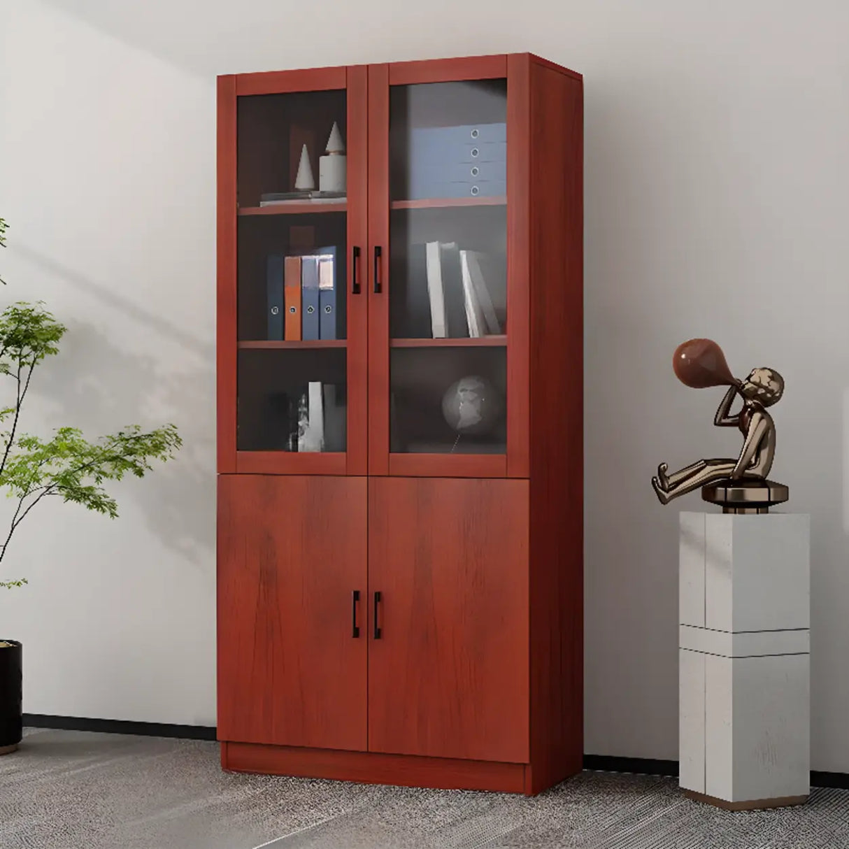 Vintage 4-Tier Glass Wood Closed Back Storage Bookcase Image - 7