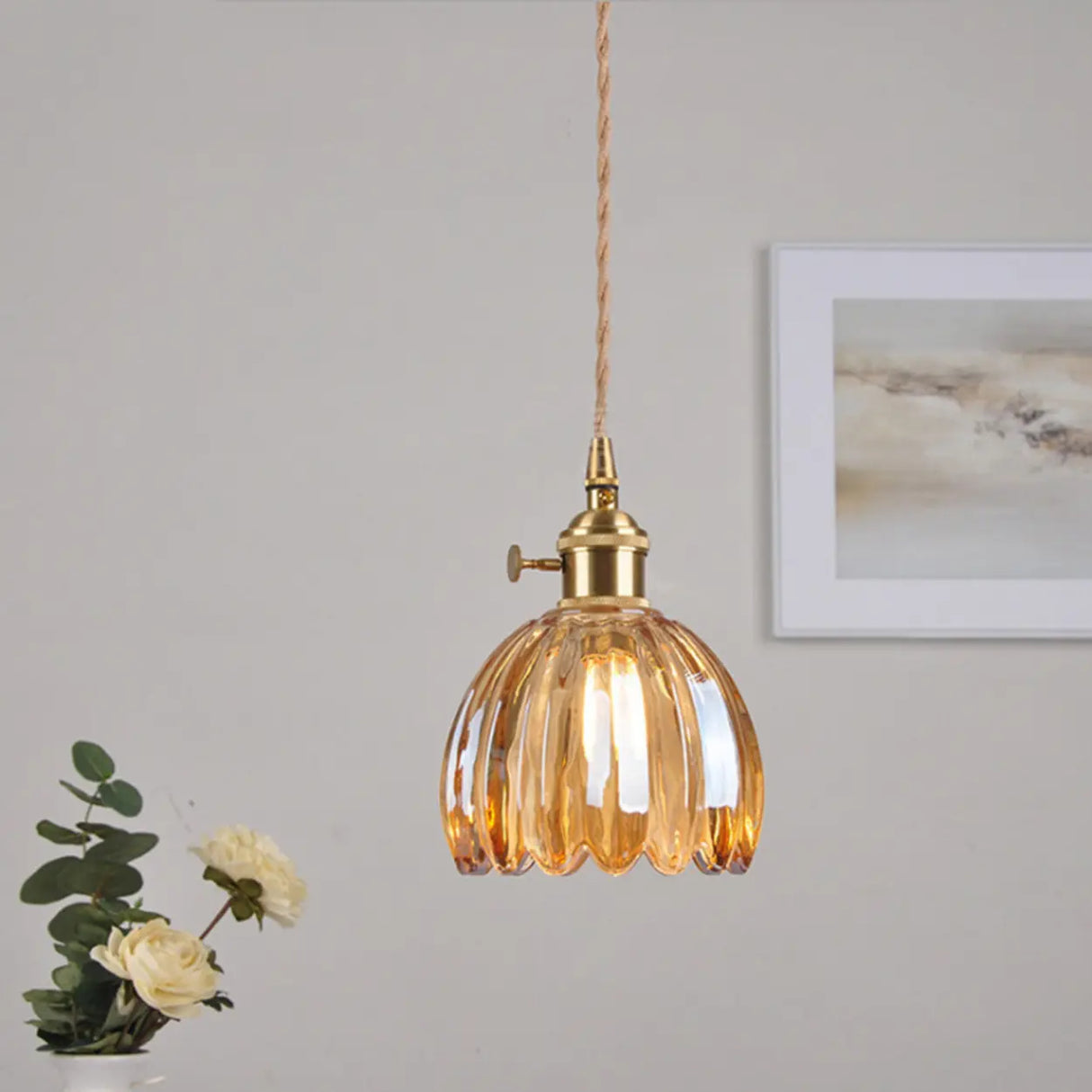 Vintage Amber Clear Glass Rope Flower Pendant Light Image - 5
