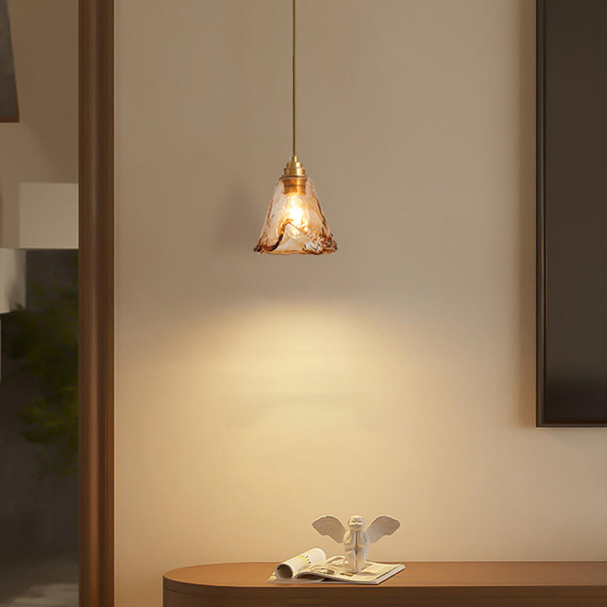 Vintage Amber Glass Pendant Light Adjustable Height Image - 4