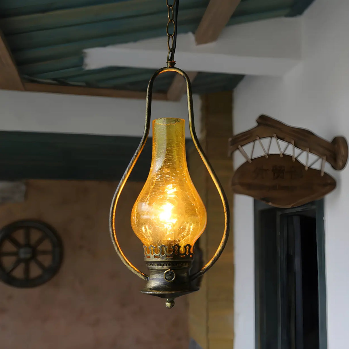 Vintage Antique Copper Amber Glass Lantern Pendant Light Image - 4