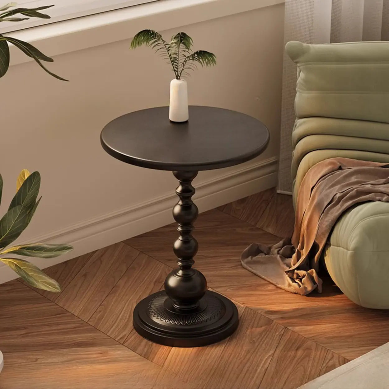 Vintage Artistic Patterns Black Round Wood Side Table Image - 18
