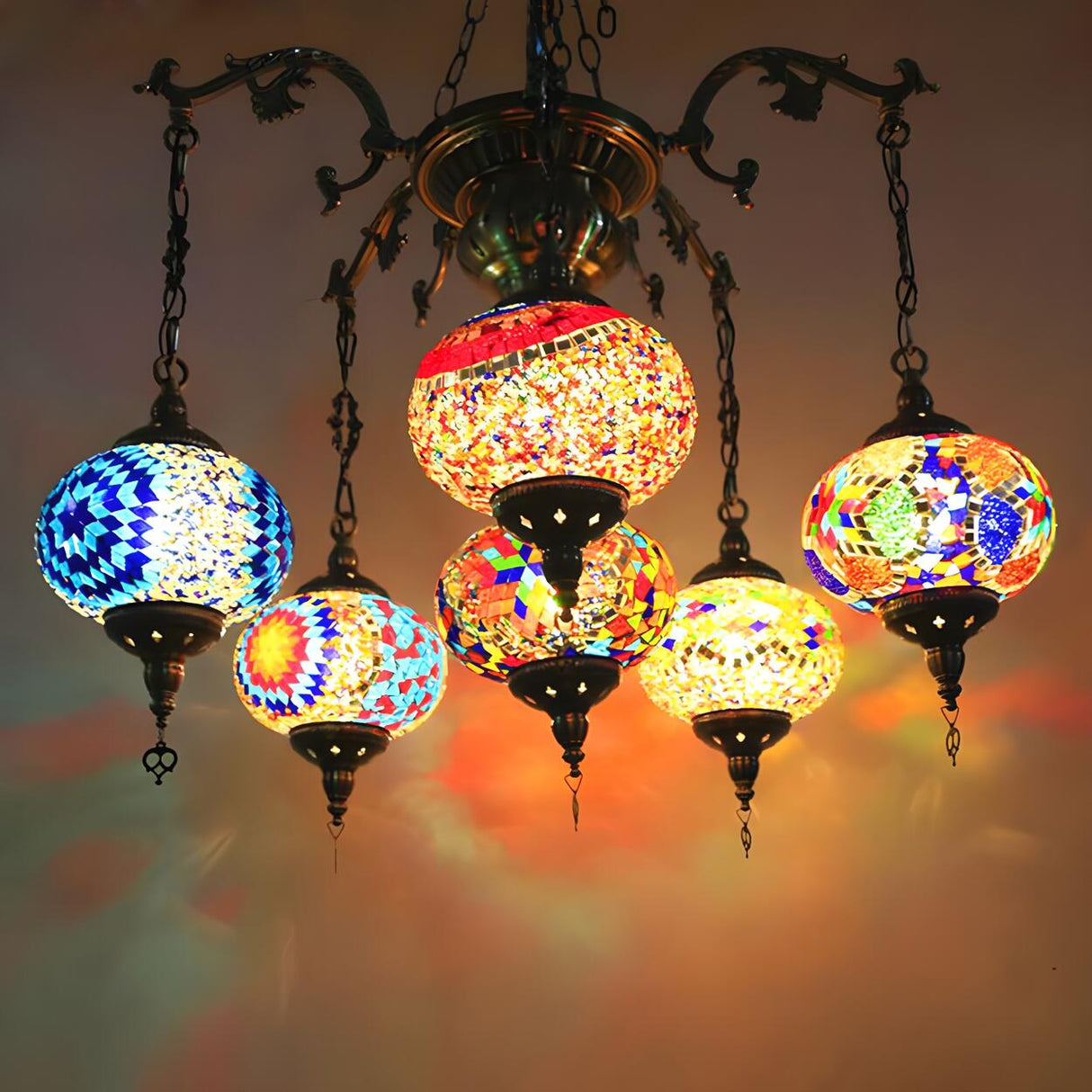 Vintage Bedroom Mosaic Glass Oval Pendant Chandelier Image - 7