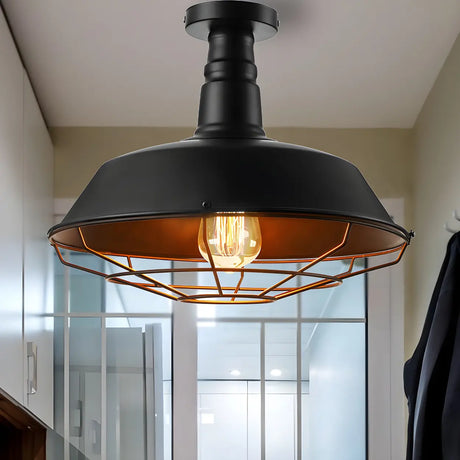Vintage Black Barn Cage Semi-Flush Mount Ceiling Light Image - 4
