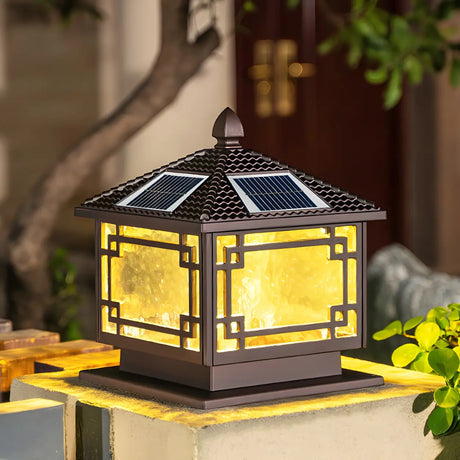 Vintage Black Chinese Square Metal Solar Outdoor Lamp Image - 1