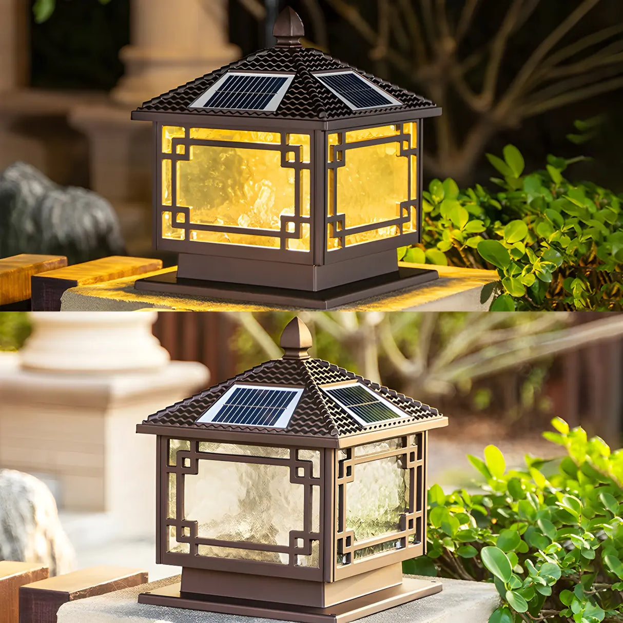 Vintage Black Chinese Square Metal Solar Outdoor Lamp Image - 10