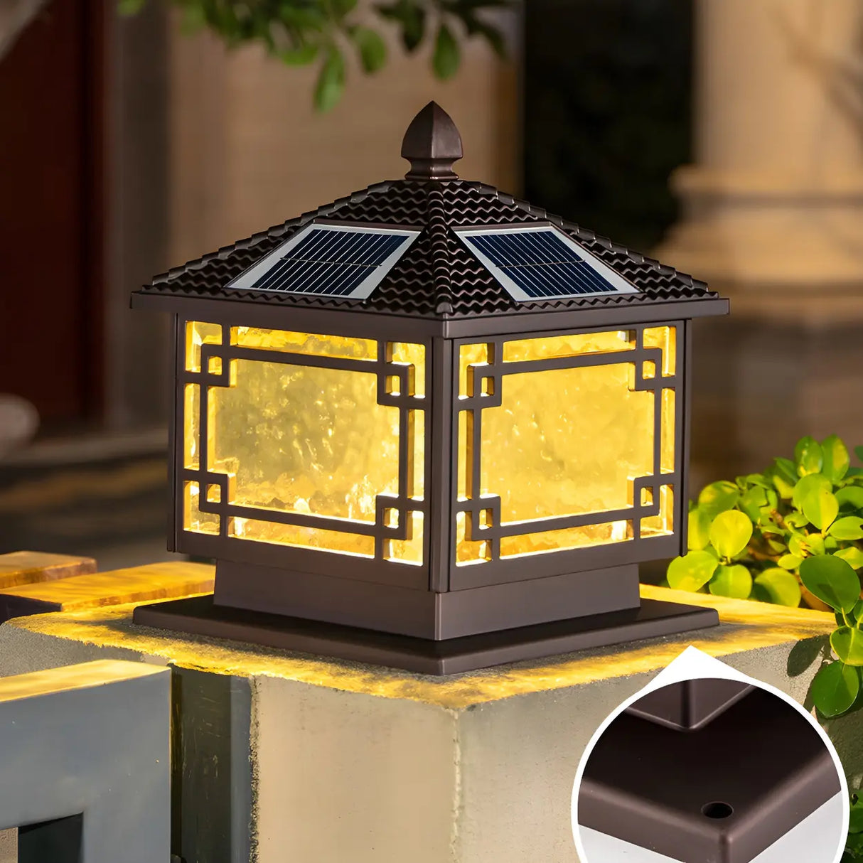 Vintage Black Chinese Square Metal Solar Outdoor Lamp Image - 11