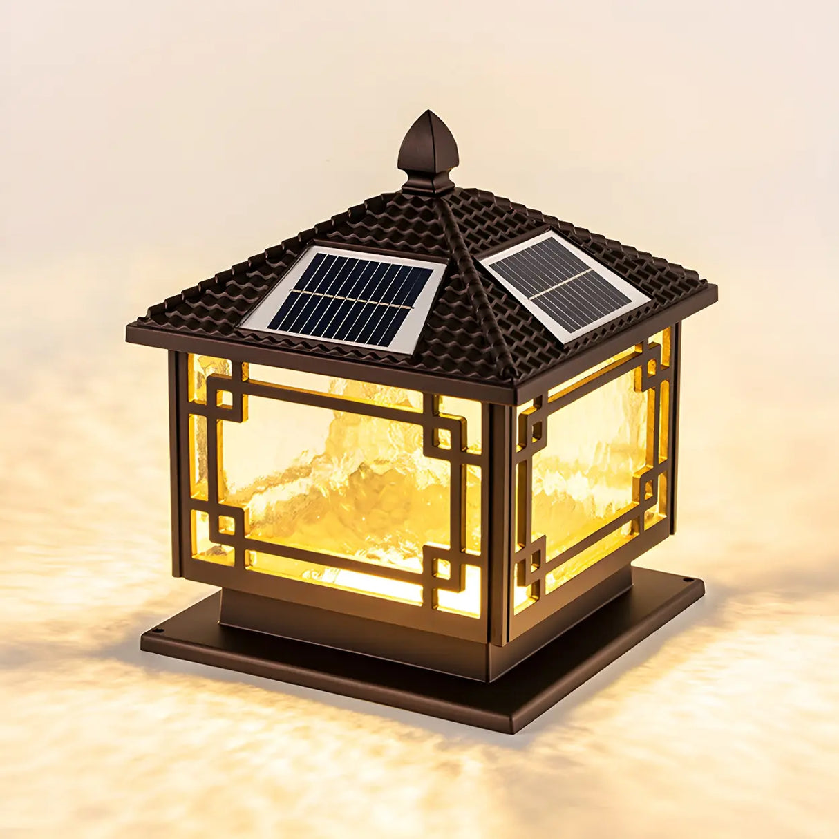 Vintage Black Chinese Square Metal Solar Outdoor Lamp Image - 2