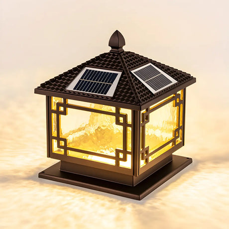Vintage Black Chinese Square Metal Solar Outdoor Lamp Image - 2