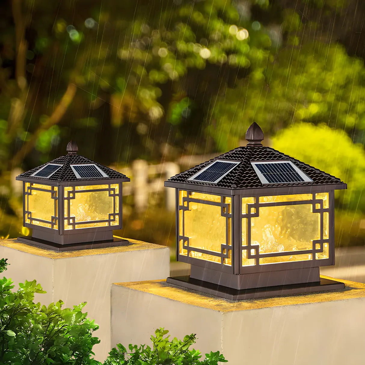 Vintage Black Chinese Square Metal Solar Outdoor Lamp Image - 3
