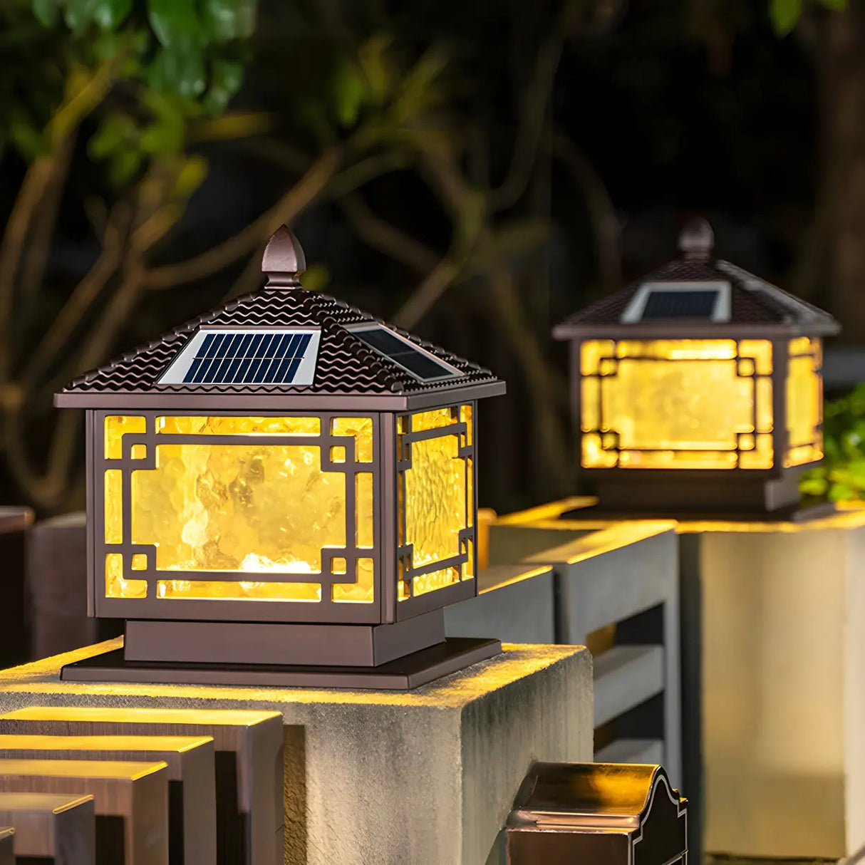 Vintage Black Chinese Square Metal Solar Outdoor Lamp Image - 4