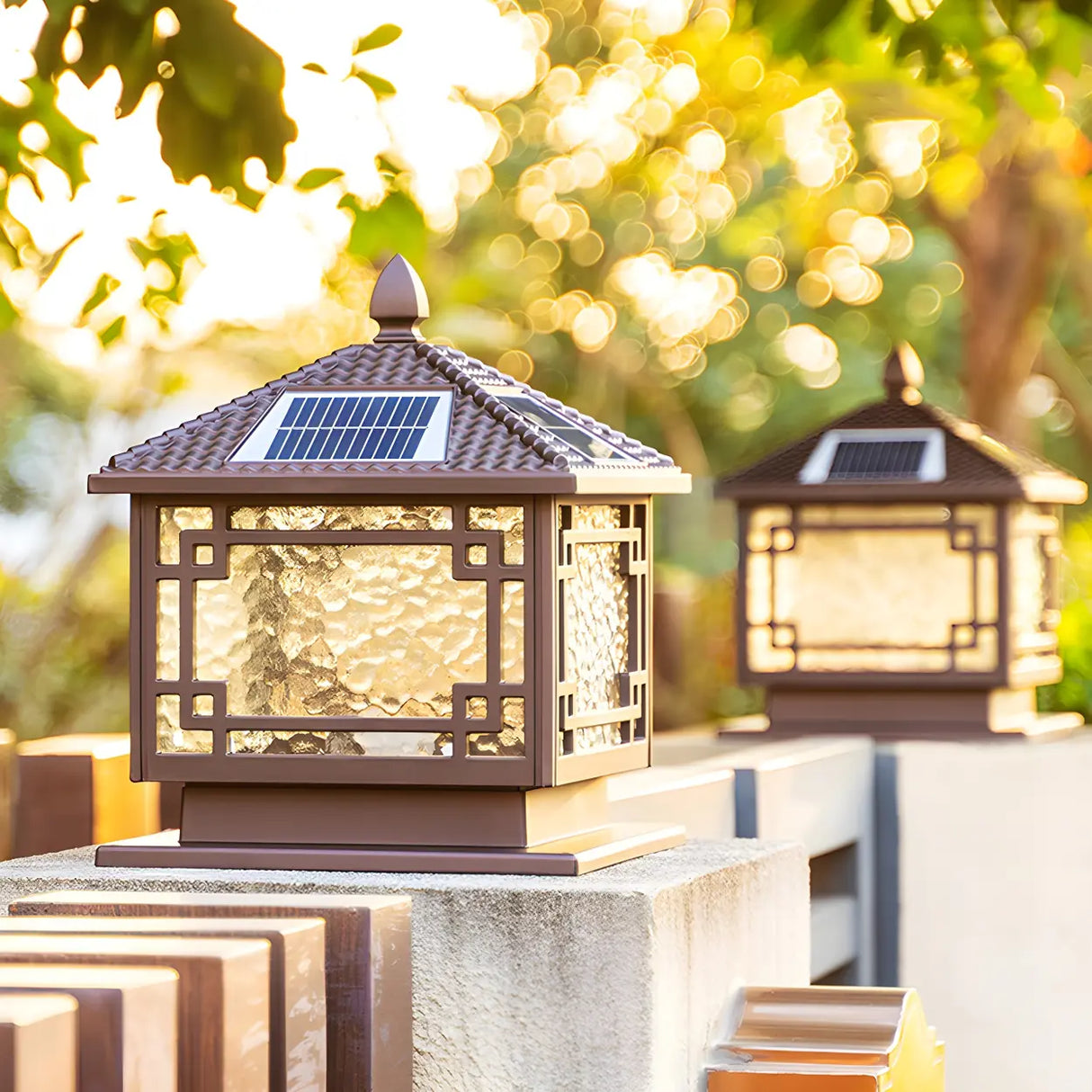 Vintage Black Chinese Square Metal Solar Outdoor Lamp Image - 5