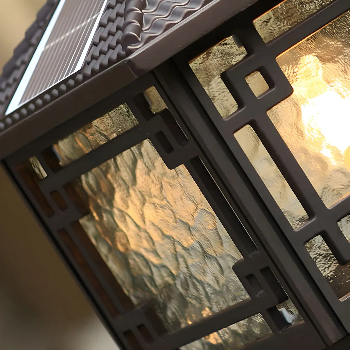 Vintage Black Chinese Square Metal Solar Outdoor Lamp Image - 7