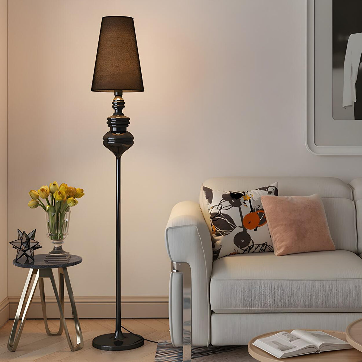 Vintage Black Classic Tapered Shade Floor Lamp Image - 11