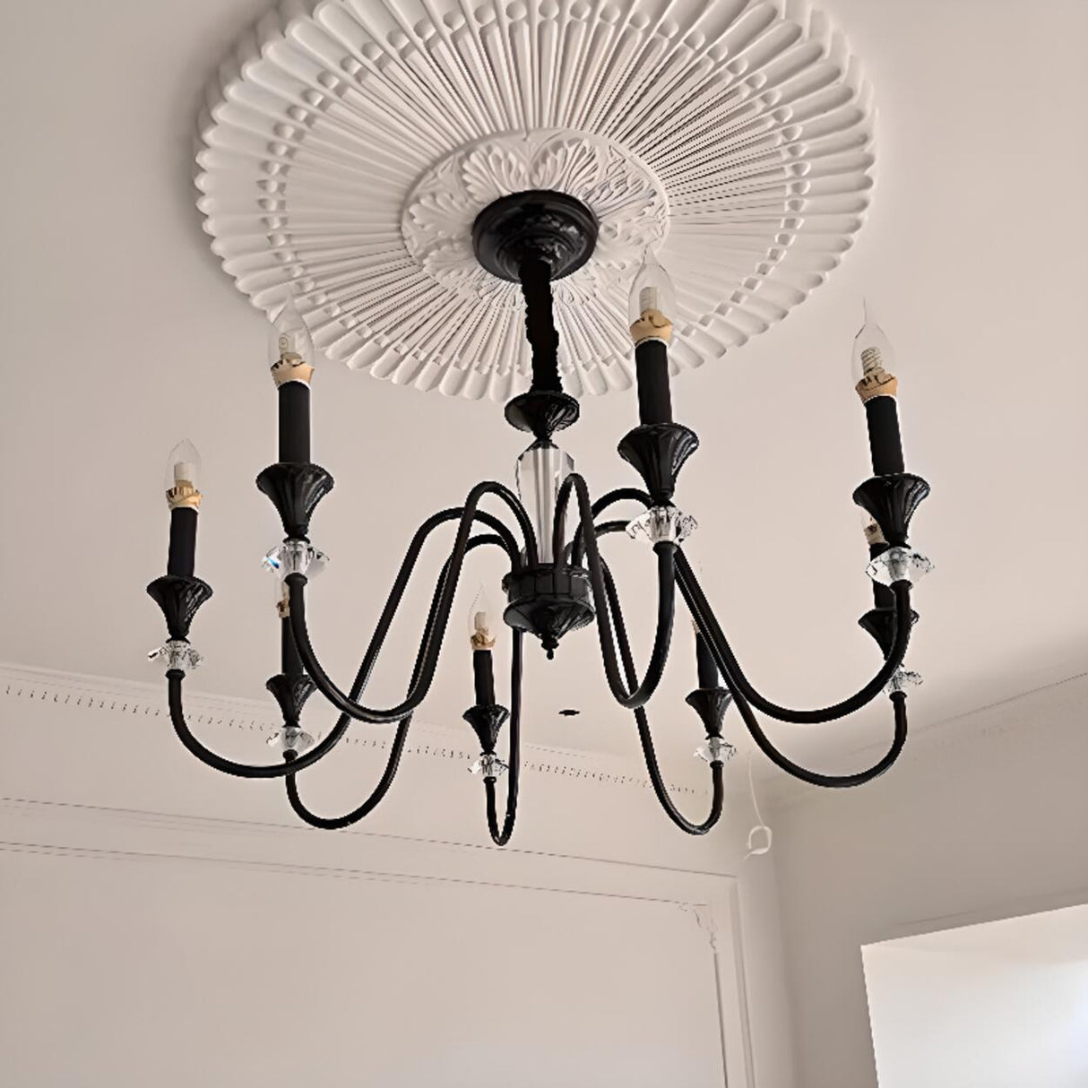 Vintage Black Iron Candelabra Crystal Chandelier Image - 1