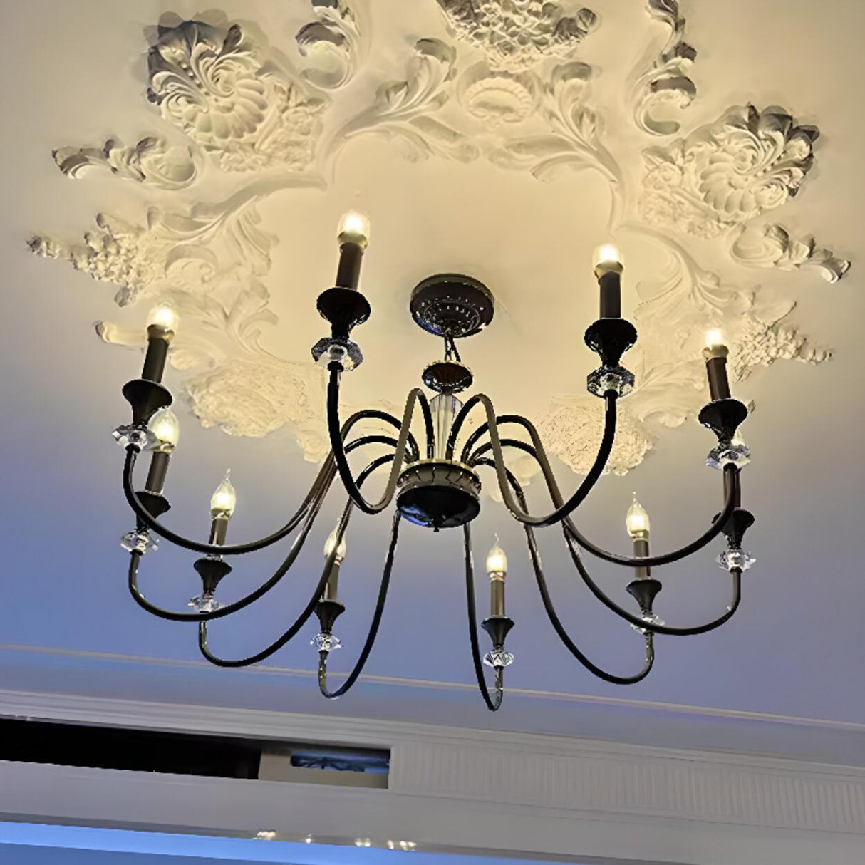 Vintage Black Iron Candelabra Crystal Chandelier Image - 3