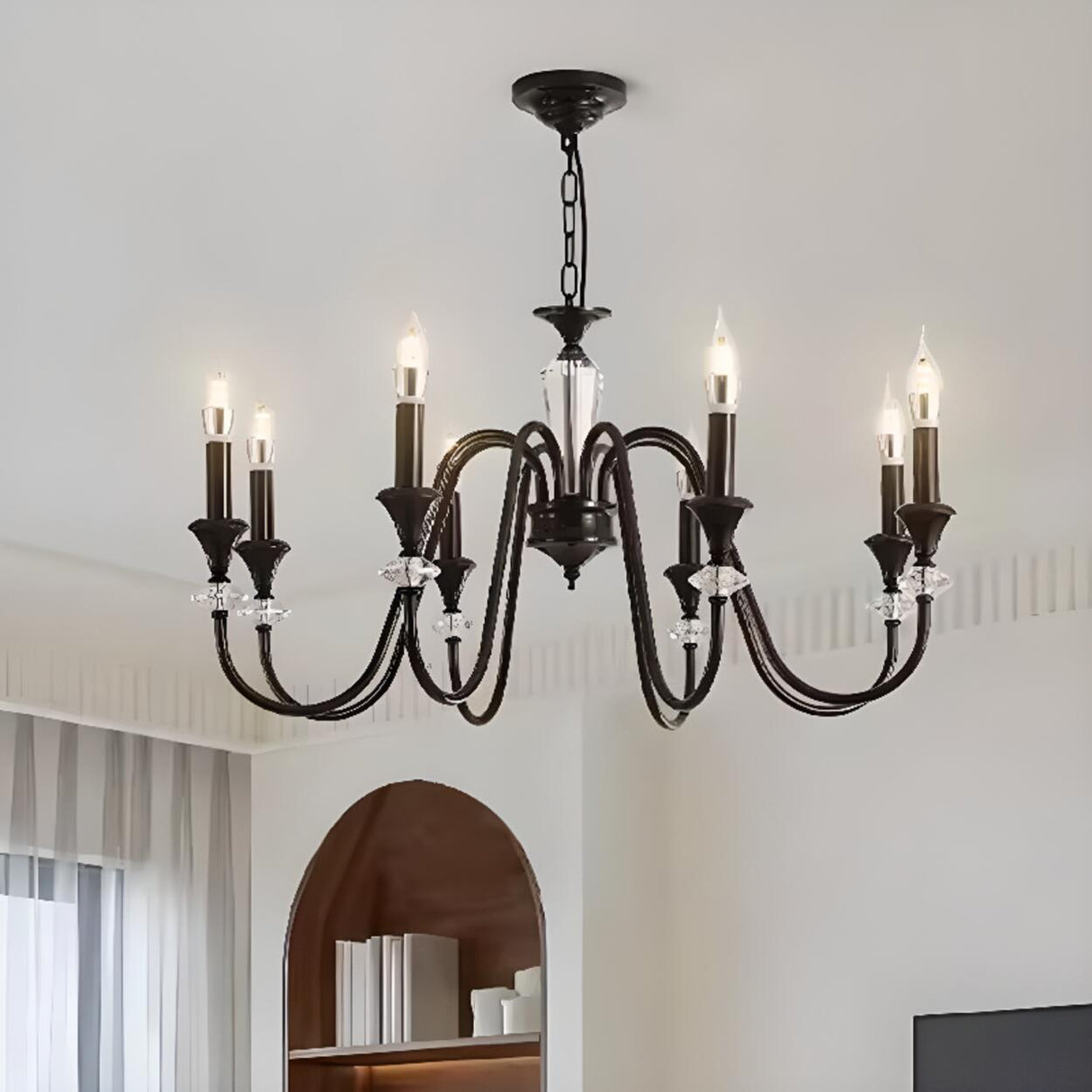 Vintage Black Iron Candelabra Crystal Chandelier Image - 4