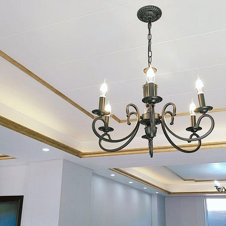 Vintage Black Iron Candle Chandelier Adjustable Height Image - 1