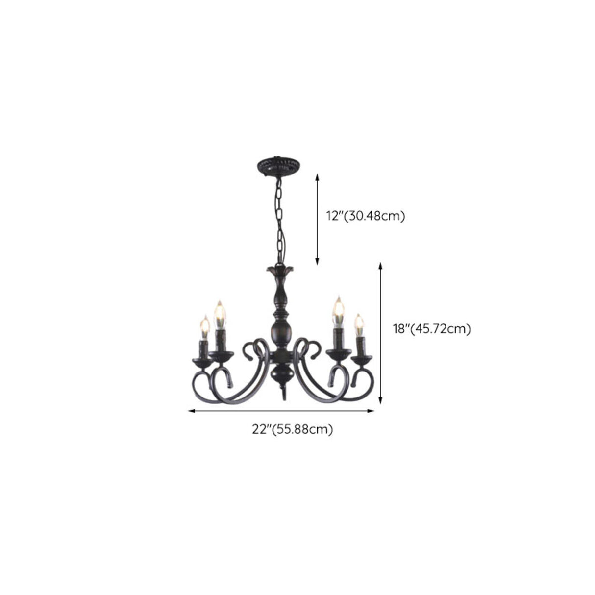 Vintage Black Iron Candle Chandelier Adjustable Height 