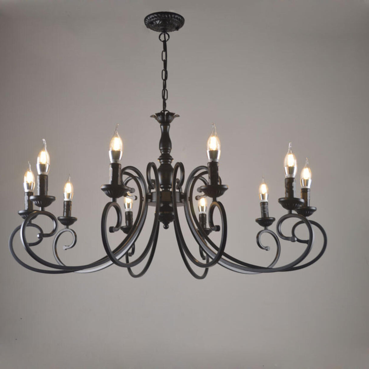Vintage Black Iron Candle Chandelier Adjustable Height Image - 7