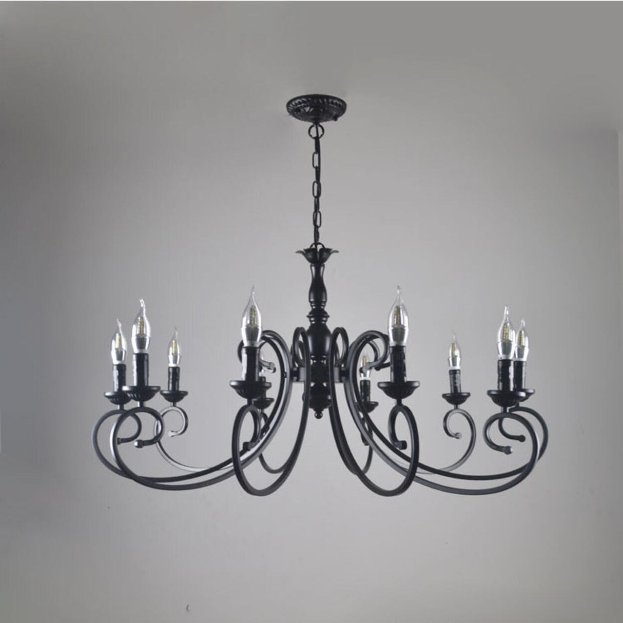 Vintage Black Iron Candle Chandelier Adjustable Height Image - 8