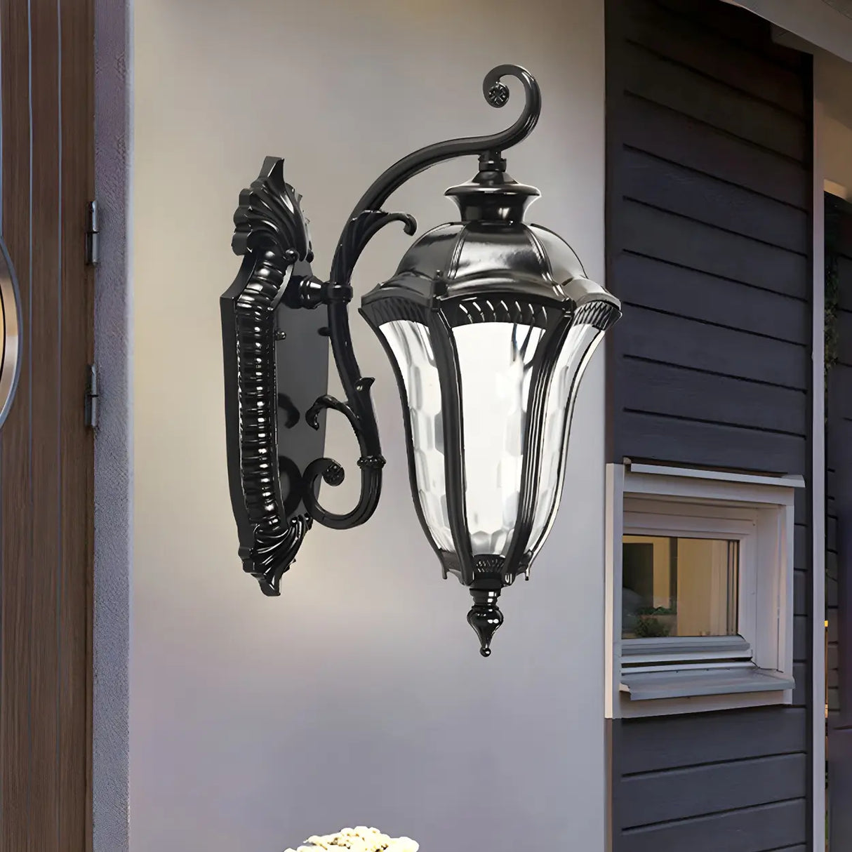 Vintage Black Lantern Exterior Glass Wall Light Fixture Image - 1