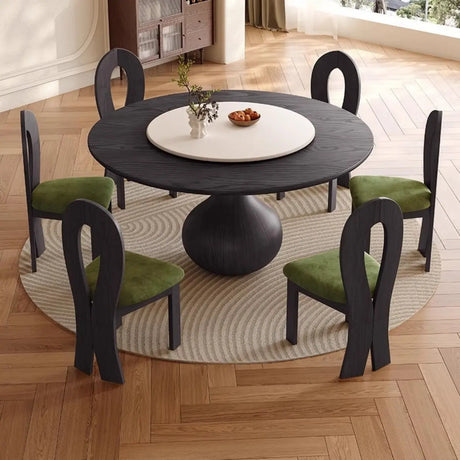 Vintage Black Lazy Susan Round Wood Pedestal Dining Table Image - 1