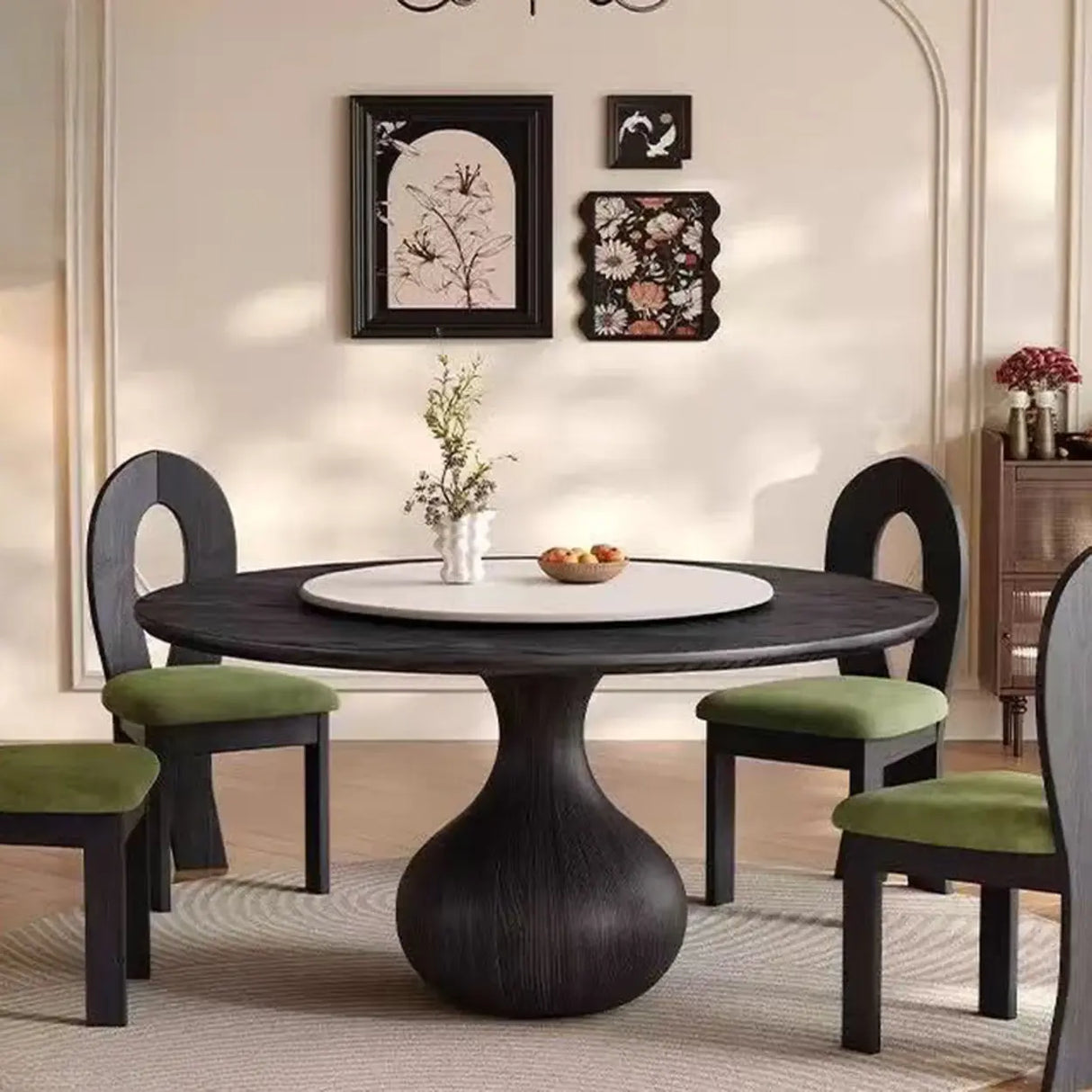 Vintage Black Lazy Susan Round Wood Pedestal Dining Table Image - 3