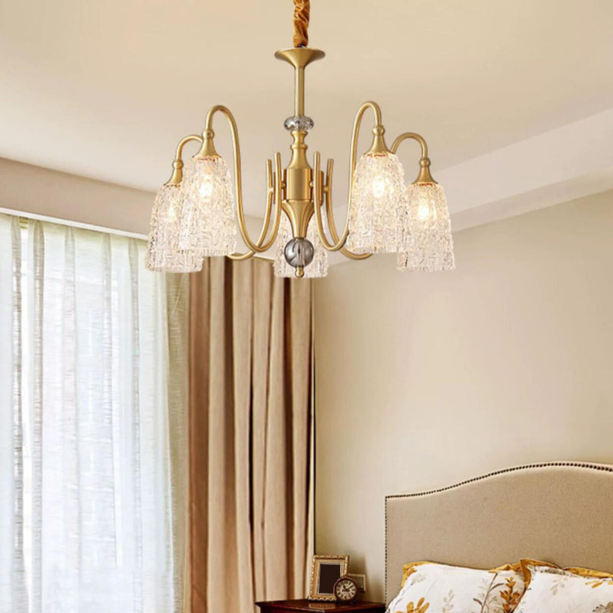 Vintage Branching Gold Textured Glass Bell Chandelier Image - 16